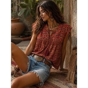 Savanna Jane‎ Red Tribal Print Embroidered Boho Tassel Top Small NWT